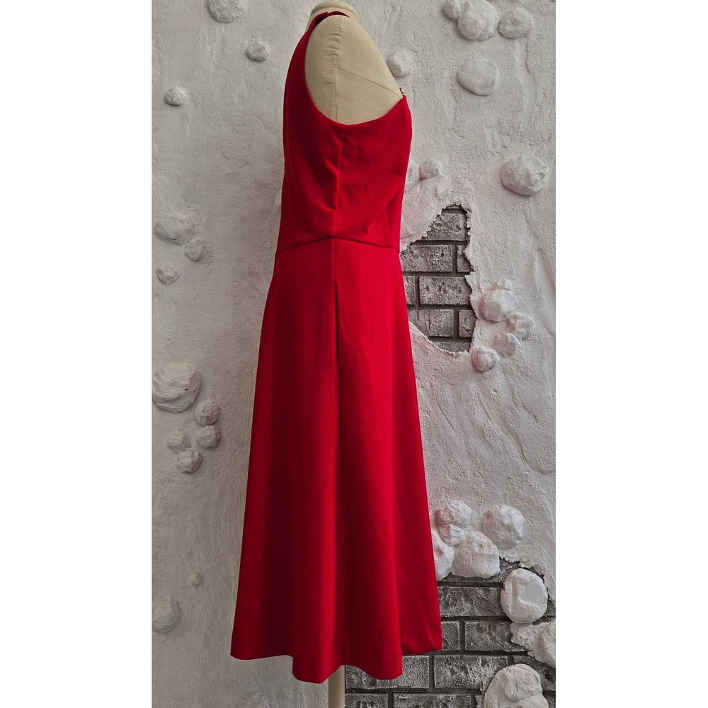 Elegant Red Halter Midi Dress with Gold Hardware Accent A-Line Formal Dress - Picture 9 of 16